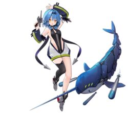  arm_behind_head azur_lane black_one-piece_swimsuit black_thighhighs blue_hair breasts detached_sleeves female gun highres holding holding_gun holding_weapon medium_hair narwhal nautilus_(azur_lane) non-humanoid_robot official_art one-piece_swimsuit robot robot_animal rudder_footwear science_fiction single_thighhigh skin_tight small_breasts solo suisai_(suisao) swimsuit thighhighs torpedo transparent_background underwater weapon yellow_eyes 