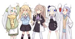  5girls ? absurdres aged_down ahoge animal_ears blush closed_eyes eating girls&#039;_frontline happy highres hk416_(black_kitty&#039;s_gift)_(girls&#039;_frontline) hk416_(girls&#039;_frontline) k11_(girls&#039;_frontline) k11_(lil&#039;_scientist)_(girls&#039;_frontline) kilabo ksvk_(girls&#039;_frontline) multiple_girls official_alternate_costume shorts skirt ump45_(agent_lop_rabbit)_(girls&#039;_frontline) ump45_(girls&#039;_frontline) ump9_(girls&#039;_frontline) 