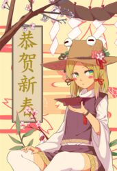  :/ absurdres blonde_hair blush_stickers bracelet branch brown_hat cherry_blossoms chinese_commentary closed_mouth commentary cup feet_out_of_frame female green_eyes hair_ribbon hand_on_own_thigh hand_up happy_new_year hat hat_ribbon highres holding holding_cup jewelry leaf long_sleeves looking_at_viewer medium_hair moriya_suwako parted_bangs purple_skirt purple_vest red_ribbon ribbon rope sakazuki shide shimenawa shirt sitting skirt skirt_set solo thighhighs touhou translated tuck_(tuck23978434) vest white_shirt white_thighhighs wide_sleeves 