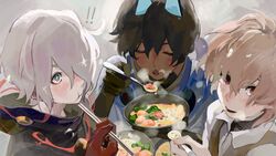  ! 3boys arjuna_(fate) arjuna_alter_(fate) black_hair black_jacket black_vest blowing blowing_on_food blue_eyes blush brown_hair chopsticks christmas closed_eyes commentary dark-skinned_male dark_skin eating fate/grand_order fate_(series) food hair_over_one_eye highres holding holding_chopsticks holding_spoon jacket karna_(fate) karna_(santa)_(fate) long_sleeves multiple_boys noodles open_mouth ramen red_eyes shirt sieg_(fate) smile soup sparkling_eyes spoon vest white_hair white_shirt windykown 