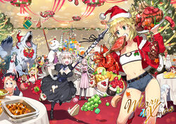  6+girls abigail_williams_(fate) altera_(fate) arjuna_(fate) artemis_(fate) artoria_pendragon_(fate) atalanta_(fate) blonde_hair boned_meat braid cake caladbolg_(fate) chacha_(fate) child_gilgamesh_(fate) christmas christmas_tree cleopatra_(fate) commentary_request crop_top cu_chulainn_(fate) cu_chulainn_(fate/stay_night) cutoffs denim denim_shorts fate/grand_order fate_(series) fergus_mac_roich_(fate) flagpole food fruit gae_bolg_(fate) gaius_julius_caesar_(fate) gift gilgamesh_(fate) grapes hassan_of_the_cursed_arm_(fate) hat hessian_(fate) ibaraki_douji_(fate) jack_the_ripper_(fate/apocrypha) jeanne_d&#039;arc_alter_(avenger)_(fate) jeanne_d&#039;arc_alter_(fate) jeanne_d&#039;arc_alter_santa_lily_(fate) karna_(fate) leonidas_(fate) lobo_(fate) lobster long_hair macaron mash_kyrielight meat merry_christmas micro_shorts mordred_(fate) mordred_(fate/apocrypha) mordred_(memories_at_trifas)_(fate) multiple_girls nero_claudius_(fate) nero_claudius_(fate/extra) nursery_rhyme_(fate) orion_(bear)_(fate) paul_bunyan_(fate) polearm ponytail rama_(fate) redrop saber_(fate) sandwich santa_alter santa_hat scathach_(fate) scheherazade_(fate) shorts snowman spartacus_(fate) spear strapless table tube_top weapon white_hair 