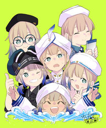  absurdres baker_nemo_(fate) beret braid captain_nemo_(fate) closed_eyes engineer_nemo_(fate) fate/grand_order fate_(series) feathers glasses gradient_hair green_background grin hat highres marine_nemo_(fate) mole mole_under_eye mole_under_mouth multicolored_hair nemo_(fate) notepad nurse_nemo_(fate) one_eye_closed professor_nemo_(fate) sakake_asobi signature smile thumbs_up turban twintails water 