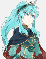  aqua_hair armor blue_eyes blue_hair breastplate cape cosplay earrings eirika_(fire_emblem) eirika_(pledged_restorer)_(fire_emblem) ephraim_(fire_emblem) ephraim_(fire_emblem)_(cosplay) female fingerless_gloves fire_emblem fire_emblem:_the_sacred_stones fire_emblem_heroes gloves jewelry long_hair looking_at_viewer menoko protected_link simple_background solo weapon 