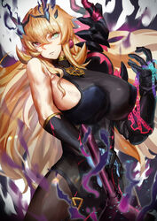  armor bare_shoulders barghest_(fate) barghest_(second_ascension)_(fate) black_dress blonde_hair blue_eyes breasts brown_pantyhose chains dress earrings fate/grand_order fate_(series) female gauntlets heterochromia highres horns jewelry large_breasts long_hair looking_at_viewer necklace pantyhose pauldrons pelvic_curtain red_eyes shoulder_armor sideboob single_gauntlet single_pauldron solo sword thighs tsugu0302 weapon 