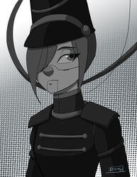  2023 absurd_res android clothed clothing dated digital_drawing_(artwork) digital_media_(artwork) dotted_background drawbear eyebrow_through_hair eyebrows eyelashes eyelashes_through_hair female glistening glistening_eyes gradient_background greyscale greyscale_background hair hair_over_eye hat headgear headwear hi_res humanoid looking_aside machine military monochrome mouth_closed not_furry one_eye_obstructed pattern_background robot signature simple_background soldier solo translucent translucent_hair uniform warrior wire yuri_(drawbear) 