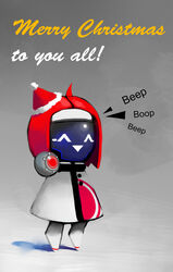  ^_^ ahoge ambiguous_gender christmas christmas_clothing christmas_headwear closed_eyes clothed clothing english_text featureless_legs fiona_(psyk) front_view fully_clothed glowing glowing_eyes hair happy hat headgear headwear hi_res holidays machine noseless not_furry open_mouth open_smile psyk323 red_hair robot santa_hat screen screen_face short_hair simple_background smile solo text 