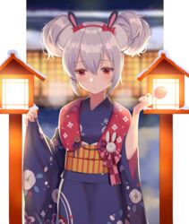  animal_ears azur_lane bad_id bad_pixiv_id blue_kimono blush bow candy_apple closed_mouth commentary_request double_bun female fingernails food hair_between_eyes hair_bun hairband hairbow hands_up highres holding holding_food izumo_neru japanese_clothes kimono laffey_(azur_lane) laffey_(snow_rabbit_and_candy_apple)_(azur_lane) lantern long_sleeves obi official_alternate_costume partial_commentary pinching_sleeves print_kimono rabbit_ears red_bow red_eyes red_hairband sash sidelocks solo wide_sleeves 