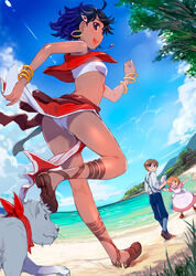  1boy 2girls :d apron ass bandana bandeau bangle beach black_hair blue_pants book bracelet brown_hair cloud commentary_request dark-skinned_female dark_skin day dress earrings floating_hair from_behind fushigi_no_umi_no_nadia glasses grass highres holding holding_book hoop_earrings jean_roque_lartigue jewelry king_(nadia) lion_cub marie_en_carlsberg mikazuki_akira! multiple_girls nadia_la_arwall nature open_book open_mouth orange_hair outdoors outstretched_arms panties pants pendant pink_dress profile red_bandana red_skirt running sarong shirt shoes short_hair skirt sky smile spread_arms underwear water white_apron white_panties white_shirt 