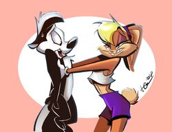  anthro bottomwear clothing duo female juneduck21 lagomorph leporid lola_bunny looney_tunes male male/female mammal mephitid pepe_le_pew rabbit shorts skunk sportswear warner_brothers 