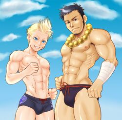  2boys abs blonde_hair bulge chest final_fantasy final_fantasy_viii human male male_only multiple_males muscles pecs raijin_(ff8) swimsuit tattoo tokisige zell_dincht 