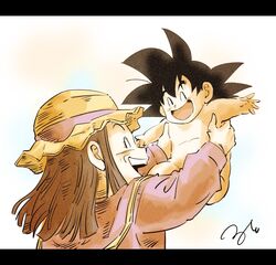  1boy ^_^ aged_up baby baby_carry black_hair carrying child_carry closed_eyes dragon_ball dragon_ball_gt female grandmother_and_grandson grey_hair highres letterboxed old old_woman open_mouth pan_(dragon_ball) ruto830 smile son_goku_jr. spiked_hair teeth upper_teeth_only wrinkled_skin 