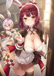  2girls alt_(ctrldel) animal_ears atelier_(series) atelier_sophie blush breasts brown_eyes brown_skirt cleavage closed_mouth fake_animal_ears green_eyes highres indoors large_breasts long_hair looking_at_viewer multiple_girls pink_hair plachta rabbit_ears red_hair short_hair skirt smile sophie_neuenmuller 