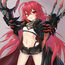  ahoge bandeau black_jacket black_shorts choker claw_(weapon) closers commentary cowboy_shot crossed_bangs cutoffs female grin hands_up highleg highres jacket lock long_hair looking_at_viewer midriff navel open_clothes open_fly open_jacket padlock panties ponta_(velmar) red_eyes red_hair seth_(closers) sharp_teeth short_shorts shorts smile solo symbol-only_commentary teeth underwear very_long_hair weapon white_panties 