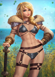  abs aged_up arm_warmers armor artist_name astrid_hofferson belt bikini_armor blonde_hair blue_eyes blue_sky braid breasts bush closed_mouth cowboy_shot day female fur_trim hair_over_shoulder hand_on_own_hip headband horizon how_to_train_your_dragon long_hair medium_breasts mixed-language_commentary motion_blur muscular muscular_female narrow_waist navel neoartcore o-ring ocean outdoors photoshop_(medium) red_lips shoulder_armor single_braid skull sky smile solo stomach thigh_strap toned watermark 