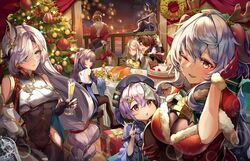  2boys 6+girls absurdres alternate_costume beidou_(genshin_impact) bell black_gloves black_hair black_pantyhose blonde_hair blue_hair blush bodystocking box braid breast_curtain breasts cake chopsticks christmas christmas_ornaments christmas_tree cleavage coin_hair_ornament commentary cup drink drunk english_commentary food ganyu_(genshin_impact) genshin_impact gift gift_box gloves golden_shrimp_balls_(genshin_impact) grey_hair hair_ornament hair_over_one_eye highres holding holding_cup holding_food horns indoors keqing_(genshin_impact) lantern long_hair looking_at_viewer low-braided_long_hair low-tied_long_hair medium_breasts multiple_boys multiple_girls neck_bell night night_sky ningguang_(genshin_impact) pantyhose pengrani purple_eyes purple_hair qiqi_(genshin_impact) santa_costume shenhe_(genshin_impact) sidelocks sitting sky smile standing sweat sweet_madame_(genshin_impact) talisman upper_body vision_(genshin_impact) xiao_(genshin_impact) zhongli_(genshin_impact) 