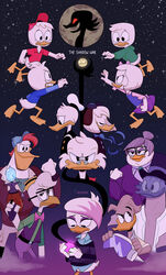  4_fingers accessory anatid anseriform anthro avian baseball_cap beak bentina_beakley bird blue_clothing blue_shirt blue_topwear bottomless bow_(feature) bow_accessory bow_ribbon bow_tie closed_eyes clothed clothing della_duck dewey_duck dime disney donald_duck duck ducktales ducktales_(2017) english_text eyebrows eyewear eyewear_on_head feathers female fingers fist full_moon glasses glowing goggles goggles_on_head group hair_accessory hair_ribbon hairbow hat headgear headwear hi_res holding_object holding_weapon hoodie huey_duck large_group launchpad_mcquack lechepop lena_(ducktales) little_helper lobotomy_corporation looking_at_viewer looking_down looking_up louie_duck magica_de_spell male money moon pince-nez project_moon raised_inner_eyebrows ranged_weapon raygun reaching red_clothing red_shirt red_topwear ribbons shadow shirt text topwear weapon webby_vanderquack white_body white_feathers yellow_beak 