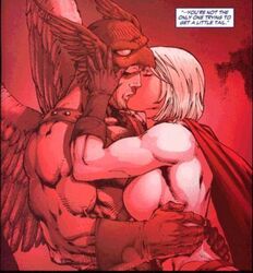  1boy 1boy1girl 1girls alien alien_boy alien_girl big_breasts blonde_hair breast_press breast_press_on_chest breasts breasts_against_chest canon canon_couple cape carter_hall comic_page couple curvy curvy_female curvy_figure dc dc_comics english_text female fit fit_female fit_male gloves hawkman hawkman_(series) hip_grab hips jsa justice_league justice_society_of_america karen_starr kissing kryptonian male male/female mature mature_female mature_male muscular muscular_female muscular_male power_girl short_hair straight superhero superheroine superman_(series) tanagarian text wide_hips wings 