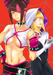  2girls blue_eyes bodysuit bracelet breasts brown_hair candy cellphone choker collarbone commentary_request cone_hair_bun covered_navel crossover earrings english_commentary eyes_visible_through_hair fingerless_gloves food gloves gwen_stacy hair_bun holding holding_phone hood hood_up jewelry juri_han lollipop looking_at_viewer marvel mixed-language_commentary mouth_hold multicolored_hair multiple_girls navel okazuwa_shake orange_background phone pink_gloves silk smartphone spider-gwen spider-man_(series) spider_web spiked_bracelet spiked_choker spikes streaked_hair street_fighter underboob yin_yang 