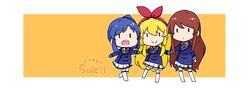  3girls :d absurdres aikatsu! aikatsu!_(series) blonde_hair blue_hair blue_jacket brown_hair chibi closed_mouth commentary_request hair_between_eyes hair_ribbon hairband highres hoshimiya_ichigo jacket kiriya_aoi long_hair long_sleeves multiple_girls nozo_(hitomiz) orange_background pleated_skirt red_hairband red_ribbon ribbon shibuki_ran shirt side_ponytail skirt smile soleil_(aikatsu!) standing standing_on_one_leg teeth thighhighs two-tone_background upper_teeth_only very_long_hair white_background white_legwear white_shirt white_skirt 