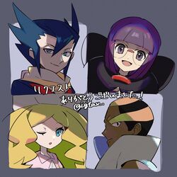  2boys 2girls :d ;o black_eyes black_hair blonde_hair blue_eyes blue_hair blue_jacket blunt_bangs caitlin_(pokemon) commentary_request dark-skinned_male dark_skin eyelashes glasses green_eyes grey_background grimsley_(pokemon) hat highres i_g1ax jacket long_hair looking_at_viewer marshal_(pokemon) multicolored_hair multiple_boys multiple_girls one_eye_closed open_mouth parted_lips pokemon pokemon_bw purple_hair round_eyewear scarf shauntal_(pokemon) short_hair smile tongue translated two-tone_hair white_headwear yellow_scarf 