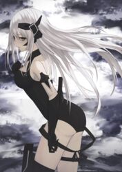  absurdres arm_sheath ass backless_leotard bad_id bad_pixiv_id black_gloves black_leotard cloud cloud_background cloudy_sky dot_triangle elbow_gloves female from_side gager_(girls&#039;_frontline) girls&#039;_frontline gloves green_eyes grey_hair halterneck hand_on_own_chest headset highres knife leotard long_hair looking_at_viewer parted_lips sangvis_ferri sky solo strap thomas_8000 very_long_hair 