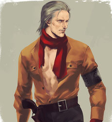  1boy armband beard belt blue_eyes brown_shirt commentary_request facial_hair gloves grey_hair gun handgun holster long_sleeves male_focus metal_gear_(series) metal_gear_solid_v:_the_phantom_pain mugikoma open_clothes open_shirt parted_lips partially_unbuttoned realistic red_gloves red_scarf revolver revolver_ocelot scarf shirt simple_background smile solo weapon 