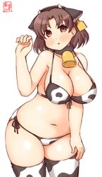  2021 alternate_costume animal_ears animal_print artist_logo bell bikini breasts brown_eyes brown_hair chiyoda_(kancolle) cleavage commentary_request cow_ears cow_horns cow_print cow_print_bikini cowbell cowboy_shot dated ear_tag fake_animal_ears fake_horns female front-tie_top highres horns kanon_(kurogane_knights) kantai_collection large_breasts looking_at_viewer print_bikini short_hair simple_background solo standing swimsuit thighhighs white_background white_bikini white_thighhighs 