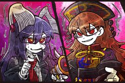  2girls animal_ears blazer buttons chinese_clothes cigarette collared_shirt fox_print grin gun holding holding_gun holding_weapon jacket junko_(touhou) legacy_of_lunatic_kingdom long_hair long_sleeves looking_at_another lunatic_gun multiple_girls neck_ribbon necktie nervous_smile nervous_sweating phoenix_crown pointing pointing_at_another rabbit_ears red_necktie reisen_udongein_inaba ribbon shirt slit_pupils smile smug standing suenari_(peace) suit_jacket sweat sweatdrop tabard tassel touhou upper_body weapon white_shirt wide_sleeves wing_collar yellow_ribbon 