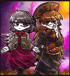  2girls :| angel_wings arm_up beige_jacket boots bow bowtie braid breasts chinese_clothes closed_mouth dress expressionless feathered_wings fox_print french_braid full_body grey_hair hair_between_eyes hand_on_another&#039;s_shoulder hand_on_own_face hand_on_own_hip hand_to_own_mouth junko_(touhou) kishin_sagume long_hair long_sleeves looking_at_viewer medium_breasts multiple_girls nail_polish neck_ribbon obi oerba_yun_fang open_mouth orange_hair phoenix_crown pose purple_dress red_bow red_bowtie red_nails ribbon sash short_hair single_wing smile standing suenari_(peace) tabard tassel touhou wide_sleeves wings yellow_ribbon 