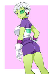  armor ass bodysuit breasts cheelai colored_skin dragon_ball dragon_ball_super female gabao_(mattari_2019) gloves green-tinted_eyewear green_skin looking_at_viewer open_mouth purple_bodysuit purple_eyes scouter short_hair solo tinted_eyewear white_gloves white_hair 