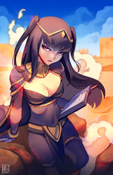  alina_l black_cape black_eyes black_hair blue_sky bodystocking book breasts bridal_gauntlets cape cleavage closed_mouth covered_navel day desert female fire_emblem fire_emblem_awakening floating_hair gold_trim highres holding holding_book jewelry long_hair looking_at_viewer medium_breasts mixed-language_commentary open_book pelvic_curtain sand signature sitting skin_tight sky solo tharja_(fire_emblem) tiara twitter_username two_side_up 