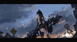  3girls absurdres ammunition_belt architect_(girls&#039;_frontline) asymmetrical_hair asymmetrical_legwear bandeau belt black_gloves black_hair blue_sky boots capacitor cleavage_cutout clothing_cutout cloud commentary_request concrete destroyer_(girls&#039;_frontline) drill_hair drone dutch_angle elbow_gloves emblem energy_gun girls&#039;_frontline gloves glowing glowing_eyes hair_tubes highres letterboxed long_hair looking_back mask multiple_girls orange_eyes outdoors photoshop_(medium) pink_eyes rebar respirator road_sign rubble sangvis_ferri scarecrow_(girls&#039;_frontline) shorts sign signpost sky thighhighs twilight twintails uneven_legwear very_long_hair waist_cape weapon white_hair wjn-rance yellow_eyes 