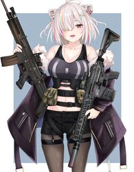  absurdres animal_ears assault_rifle bare_shoulders battle_rifle black_pantyhose black_shorts breasts chicami cleavage collarbone dog_tags ear_piercing elcan_scope fangs female floating_hair fn_scar fn_scar_16 fur-trimmed_jacket fur_trim grey_eyes grey_hair gun hair_ornament hair_over_one_eye hairclip highres holding holding_gun holding_weapon hololive jacket large_breasts lion_ears lion_girl looking_at_viewer multicolored_hair navel off_shoulder official_alternate_costume official_alternate_hair_length official_alternate_hairstyle open_mouth pantyhose piercing rifle shishiro_botan shishiro_botan_(button-down) short_hair shorts sig_mcx sig_sauer smile solo sports_bra streaked_hair striped striped_sports_bra suppressor tail vertical-striped_sports_bra virtual_youtuber weapon x_hair_ornament 