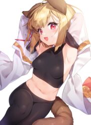  :d animal_ears armpits arms_behind_head arms_up bare_shoulders blonde_hair blush braid breasts commentary_request crop_top detached_sleeves diagonal_stripes dog_ears dog_girl dog_tail erune female granblue_fantasy japanese_clothes looking_at_viewer midriff navel oerba_yun_fang open_mouth pantyhose red_eyes shirt short_hair sitting skin_fang sleeveless small_breasts smile solo striped striped_background sweat sweatdrop tail tousaki_shiina vajra_(granblue_fantasy) wide_sleeves 