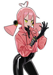  absurdres adjusting_clothes adjusting_gloves ahoge android bad_id bad_twitter_id black_bodysuit bodysuit bodysuit_under_clothes female glove_in_mouth gloves green_eyes heart heart_ahoge highres hood hoodie joints latex latex_bodysuit latex_gloves low_twintails mouth_hold original pink_hair pink_hoodie robot_joints saaal653 shiny_clothes skin_tight solo twintails white_background xenon_(saaal653) 