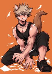  1boy animal_ear_request animal_ears bakugou_katsuki black_footwear black_pants black_tank_top blonde_hair boku_no_hero_academia chiyaya clenched_teeth collar collarbone highres male_focus on_one_knee orange_background orange_eyes pants pectoral_cleavage pectorals scowl simple_background solo spiked_hair tail tank_top teeth toned toned_male 