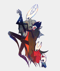  1boy 2others bad_id bad_twitter_id broken_mask cloak colored_sclera commentary_request female full_body grey_background grey_cloak grimm_(hollow_knight) highres hollow_eyes hollow_knight hollow_knight_(character) hornet_(hollow_knight) horns joints knee_up knight_(hollow_knight) korean_commentary mask multiple_others no_humans no_pupils red_cloak red_sclera shak_(gongi) yotsubato! yotsubato!_pose 