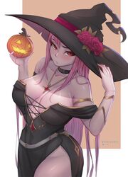  artist_name black_dress breasts cleavage dress female flower halloween hat hat_flower highres hololive hololive_english jack-o&#039;-lantern large_breasts long_dress long_hair mori_calliope myth1carts patreon_logo pixiv_logo pumpkin red_eyes red_flower solo thick_thighs thighs twitter_logo twitter_username virtual_youtuber witch witch_hat 