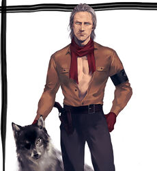  1boy armband belt blue_eyes brown_shirt canine commentary_request diamond_dog eyepatch facial_hair gloves grey_hair hand_on_own_hip holster looking_at_viewer male_focus mature_male metal_gear_(series) metal_gear_solid_v:_the_phantom_pain moustache mugikoma mullet open_clothes open_shirt partially_unbuttoned realistic red_gloves revolver_ocelot scarf shirt smile solo stubble 