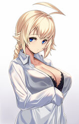  ahoge black_bra blazblue blonde_hair blue_eyes bra braid breasts cleavage closed_mouth collarbone collared_shirt es_(xblaze) female gradient_background highres large_breasts long_hair long_sleeves open_clothes open_shirt shirt single_braid sleeves_past_wrists solo takanashi-a underwear upper_body white_background white_shirt 