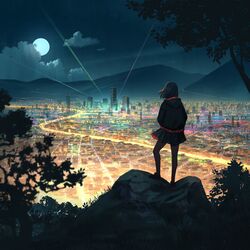  black_footwear black_hair black_hoodie black_skirt building city_lights cityscape cloud female from_behind full_moon highres hood hoodie medium_hair moon mountain mountainous_horizon night original outdoors rock scenery shoes skirt sky skyscraper solo standing tree vertigris 