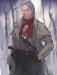  1boy artist_name bandolier bare_tree beard belt blue_eyes coat commentary_request facial_hair gloves grey_hair gun hand_on_own_hip handgun holster looking_at_viewer male_focus metal_gear_(series) metal_gear_solid_v:_the_phantom_pain moustache mugikoma realistic red_gloves revolver revolver_ocelot scarf smile snow solo tree weapon 