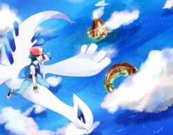  1boy adjusting_clothes adjusting_hat baseball_cap belt black_hair black_shirt blue_jacket blue_pants cloud commentary_request day fingerless_gloves flying gen_2_pokemon gloves green_gloves hand_on_headwear hat island jacket legendary_pokemon lugia male_focus mei_(maysroom) ocean open_mouth pants pokemon pokemon_(anime) pokemon_(classic_anime) pokemon_(creature) pokemon_m02 riding riding_pokemon satoshi_(pokemon) shirt shoes smile smoke volcano 