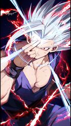  1boy artist_name bb_m0024 black_background black_wristband collarbone commentary_request dougi dragon_ball dragon_ball_super dragon_ball_super_super_hero electricity energy gohan_beast grey_hair hand_on_forehead hand_up highres looking_at_viewer makankousappou male_focus muscular muscular_male parted_lips pectorals red_eyes sash scratches solo son_gohan spiked_hair twitter_username v-shaped_eyebrows wristband 