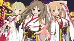  3girls :d ahoge armpits bad_id bad_twitter_id bare_shoulders blonde_hair blush breasts brown_eyes brown_hair collarbone double_bun earrings green_eyes hair_between_eyes hair_bun hair_ornament hairclip hakama hakama_skirt hanabi_(senran_kagura) highres japanese_clothes jewelry kafuru_(senran_kagura) large_breasts long_hair long_sleeves looking_at_viewer low_twintails medium_breasts miko multiple_girls night official_art open_mouth orange_hair purple_eyes red_hakama renka_(senran_kagura) ribbon senran_kagura senran_kagura_estival_versus short_hair skirt smile twintails wide_sleeves yaegashi_nan 