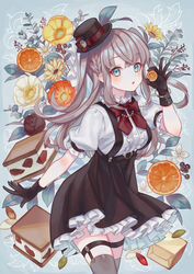  :o anemone_(flower) black_gloves black_hat black_skirt blue_background blush bow braid breasts brown_hair center_frills commentary_request female floral_background flower food frilled_skirt frills fruit gloves green_eyes grey_thighhighs hand_up hat highres holding holding_food ice_cream ice_cream_sandwich light_blush long_hair looking_at_viewer medium_breasts mini_hat orange_(fruit) orange_slice original parted_lips peony_(flower) pistachio pleated_skirt puffy_short_sleeves puffy_sleeves red_bow red_flower shirt short_sleeves skirt solo suspender_skirt suspenders suzaku_(zaku6584) thighhighs tilted_headwear two_side_up white_flower white_shirt yellow_flower 