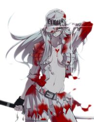  absurdres blood blood_on_breasts blood_on_clothes blood_on_face breasts colored_skin female fingerless_gloves flat_cap gloves hair_over_one_eye hat hataraku_saibou hataraku_saibou_black highres holding holding_sword holding_weapon large_breasts navel open_clothes pants pleated_skirt simple_background skirt solo sword torn_clothes u-1196 weapon white_background white_blood_cell_(hataraku_saibou) white_hair white_skin yasu_(pixiv) 