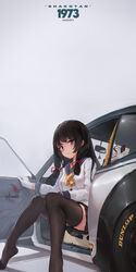  absurdres black_hair black_skirt black_thighhighs breasts car car_seat chinese_commentary commentary_request fancyark female gloves hair_ribbon highres isokaze_(kancolle) kantai_collection kneehighs long_hair long_sleeves mazda mazda_rx-3 motor_vehicle no_shoes photoshop_(medium) pleated_skirt red_eyes ribbon rope_around_neck school_uniform serafuku sitting skirt small_breasts socks solo thighhighs tress_ribbon white_gloves 