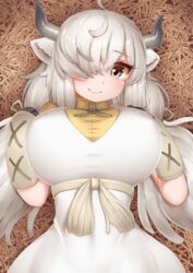  ahoge animal_ears black_horns breasts brown_eyes closed_mouth dress female from_above gloves grey_hair grey_horns hair_over_one_eye hair_ribbon hand_on_own_chest hands_up hay head_tilt highres horns huge_breasts impossible_clothes impossible_dress kemono_friends kemono_friends_3 long_bangs long_hair lying multicolored_horns on_back ox_ears ox_horns parted_bangs ribbon shirt smile solo twintails upper_body very_long_hair white_dress yak_(kemono_friends) yellow_shirt yonkuron 