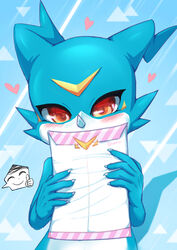  2023 5_fingers anthro bandai_namco blue_arms blue_body blue_fingers blue_hands blush claws digimon digimon_(species) finger_claws fingers front_view heart_symbol holding_object shoru veemon white_body white_claws 